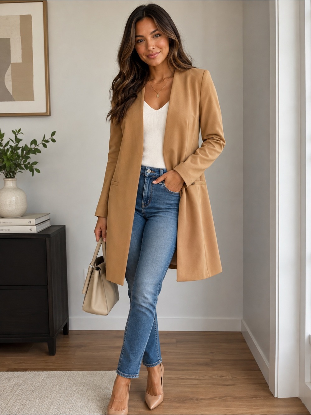 Calvin Klein Women's Blazer Jacket Camel Tan Lug Open Front Lined Sz 8 Designer